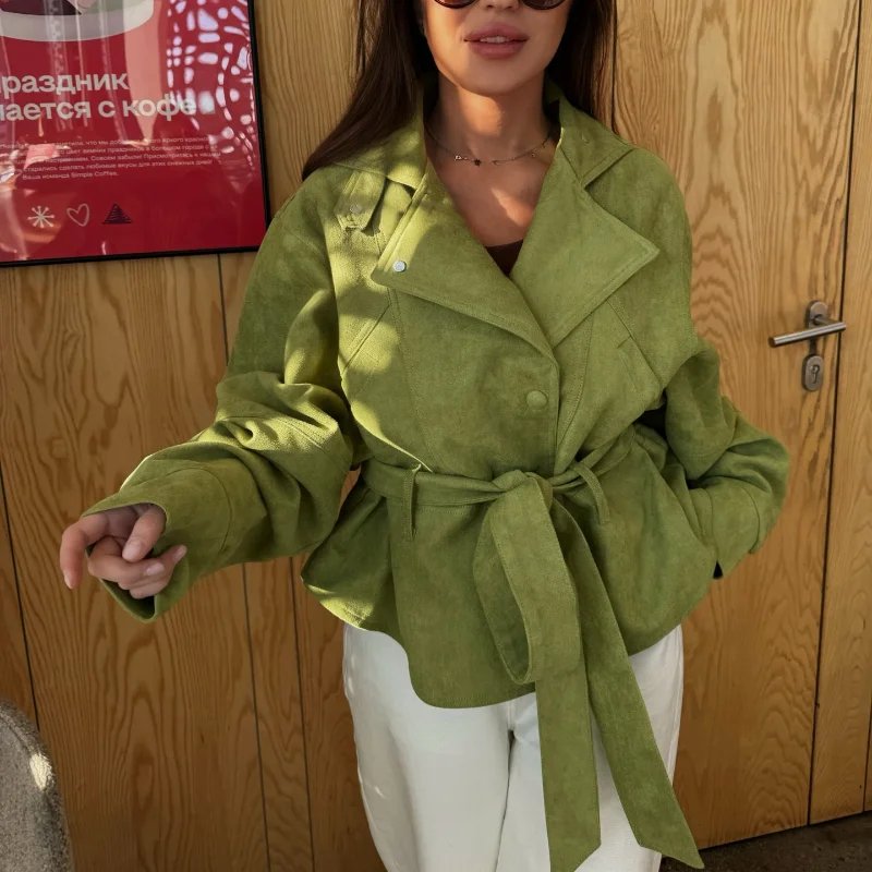Avocado Green Lapel Jacket For Women Long Sleeve Single Breasted Solid Trench Coat 2026 New Lady Spring Autumn Streetwears