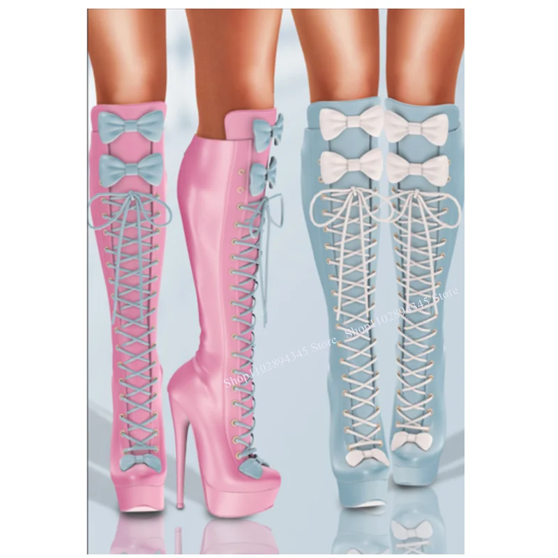Green Lace Up Platform Bow Knot Boots Thin High Heel Sexy Fashionable Cool Winter Casual Big Size Woman Shoes Zapatillas Mujer
