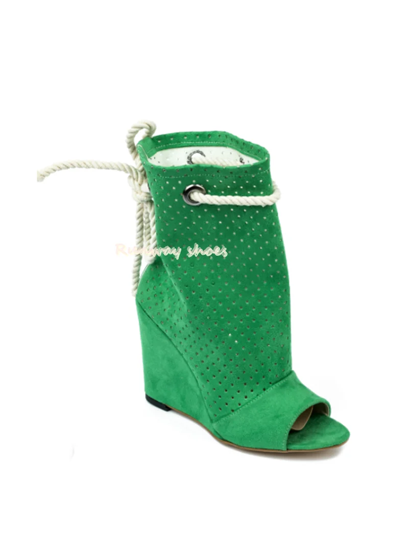 Round Head Open Toes Green Suede Small Hole Breathable Summer Boots Broken High Heels Broken High Heels Lace Closure Ankle Boots
