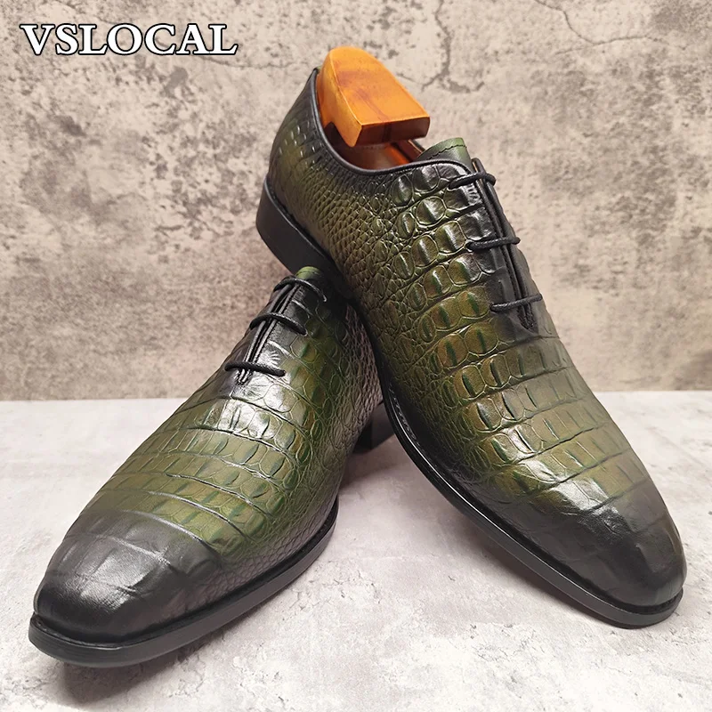 Luxury Men Oxford Shoes Green Black Croco Print Casual Mens Dress Shoes Lace up Wedding Office Genine Leather shoes men