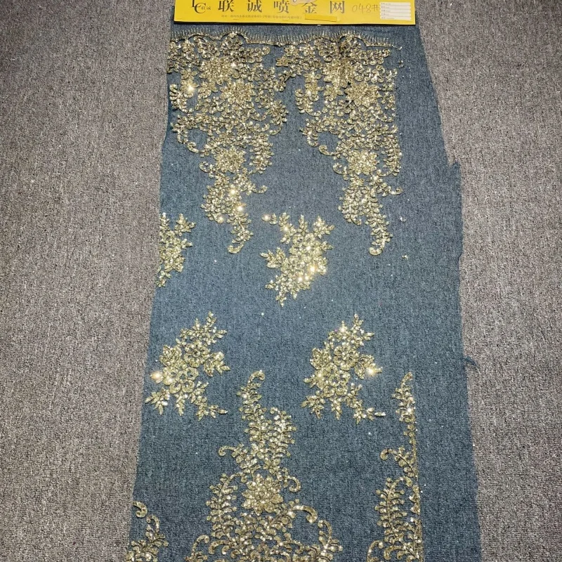 10 Yards Dark Green Fadhion Africa Glitter Fabric Embroidery Net Lace Glued Glitter Sequins Wedding Party Spray gold Tull fabric