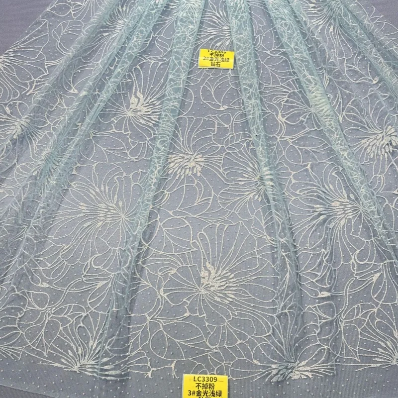 2026 Light Green Hot Sale Fadhion Design Africa Glitter Fabric Embroidery Net Lace With Glued Glitter Sequins Wedding Or Party