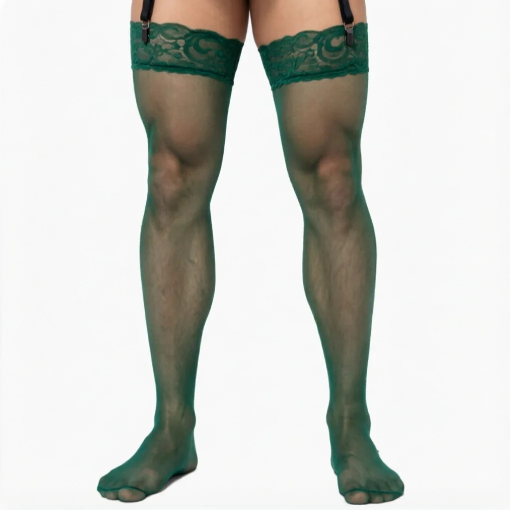 Vintage Men's Dark Green Long Socks Sheer Silky Lace Stockings Coffee Black Grey Blue Color Male Socks 2026 Calcetines Hombres