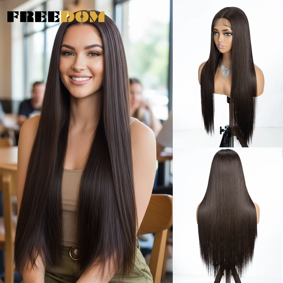 FREEDOM Straight Synthetic Lace Front Wigs For Women 30 Inch Long Ombre Brown Blonde Lace Wig With Baby Hair Green Cosplay Wig