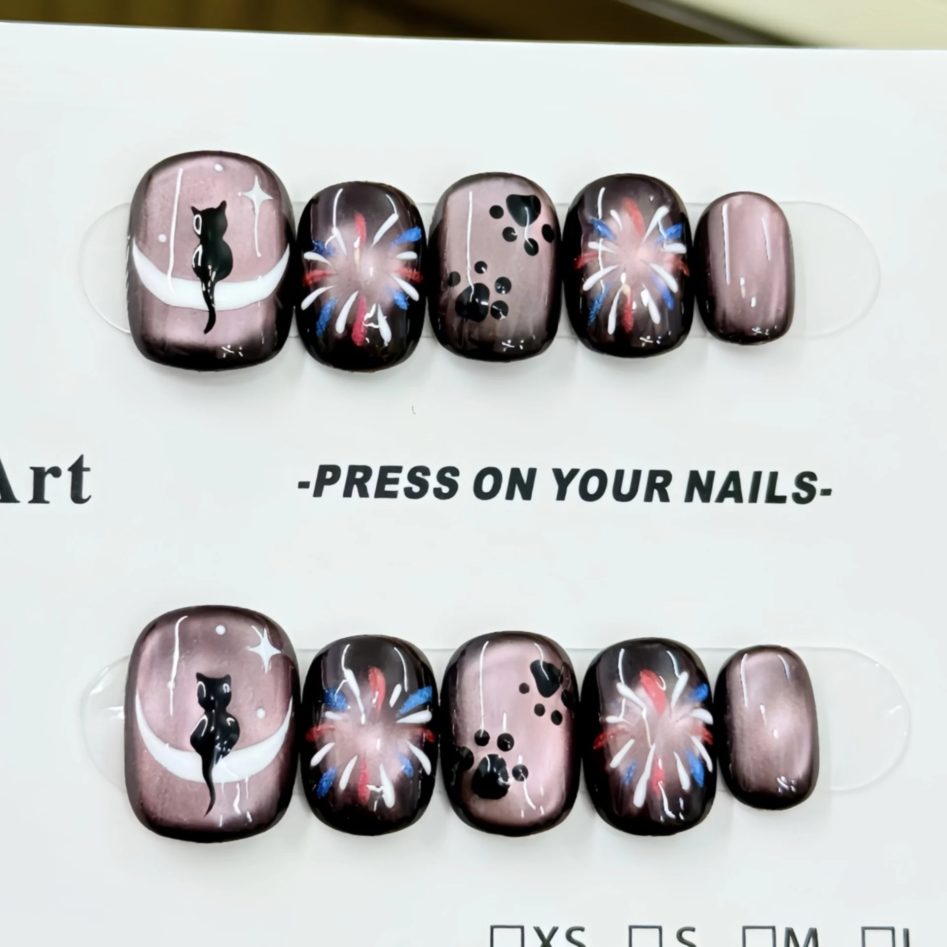 10pcs Blue Cat's Eye Handmade False Nails Art Finished Aurora Short Square Round Fake Nail Tip with Planet Design Press on Nails