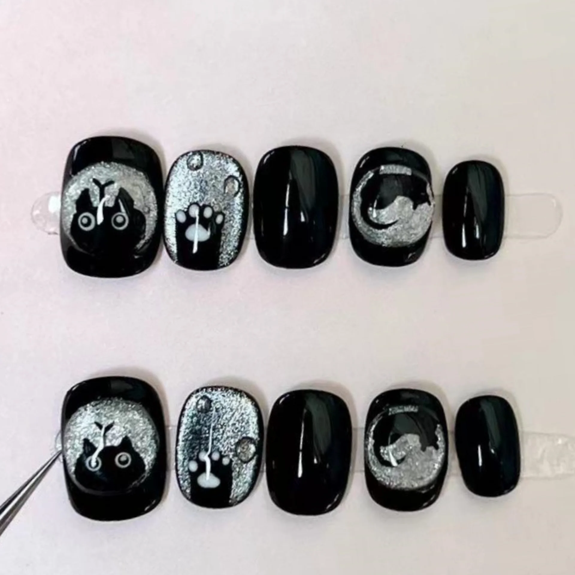 10pcs Blue Cat's Eye Handmade False Nails Art Finished Aurora Short Square Round Fake Nail Tip with Planet Design Press on Nails
