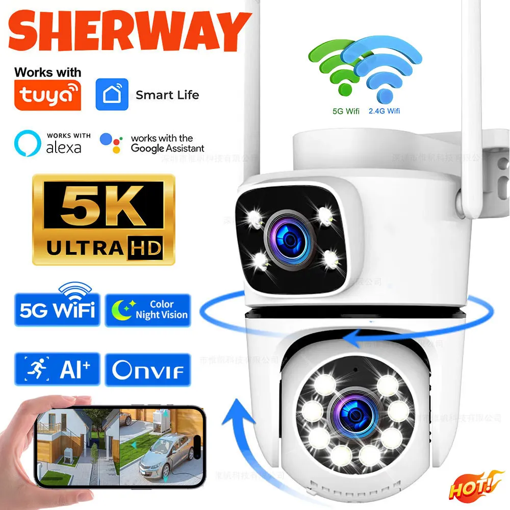 Tuya 5K WiFi Surveillance Camera 5G Wifi Outdoor Dual Lens PTZ IP Cameras Auto Tracking ONVIF Security CCTV Camera Support Alexa