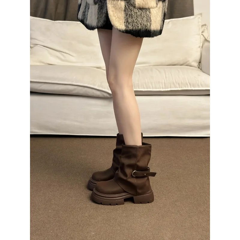 Women's Thick Bottom Boots British Style Autumn Winter Short Boots Brown Mermaid Tube Boot Daily Wear Round Toe Boots 2026 New