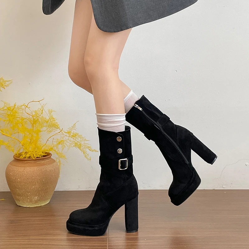 Women Suede Platform Mid Calf Boots Metal Buckle Strap Block High Heel Side Zipper Round Toe Black Khaki Fashion Party Footwear
