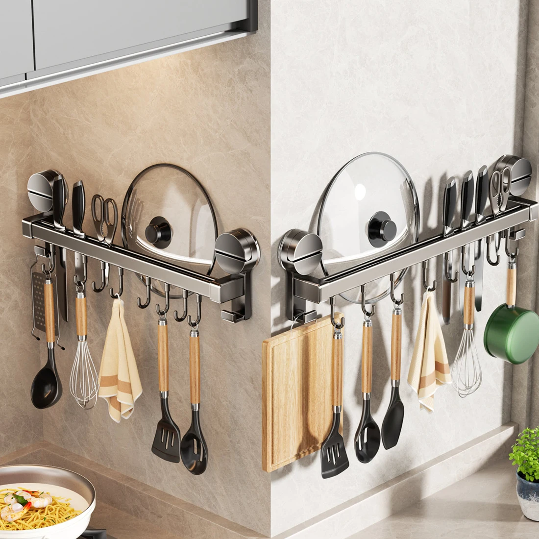 Yutoko Kitchen Hook Punch-free Hanging Rod Spovel Hanger Row Hook Multifunctional Wall-mounted Storage Knife Holter ﻿