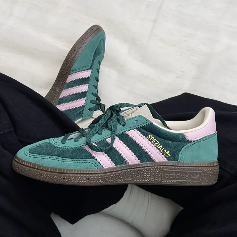 Adidas JI2648 Ladies Retro Casual Trainers Green Pink White Three Stripes Velvet Suede Lightweight Rubber Sole Daily  Sneakers