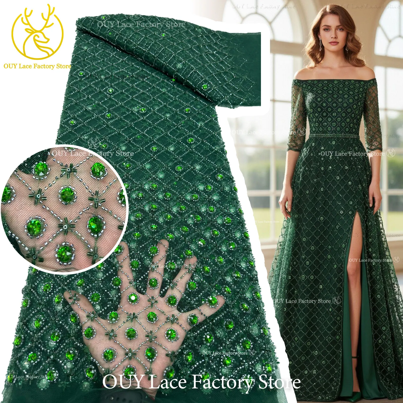 Emerald Green African Tulle Beaded Lace Fabric High-End French Stone Sequins Lace Nigerian Mesh Tulle Lace Sewing Wedding Dress