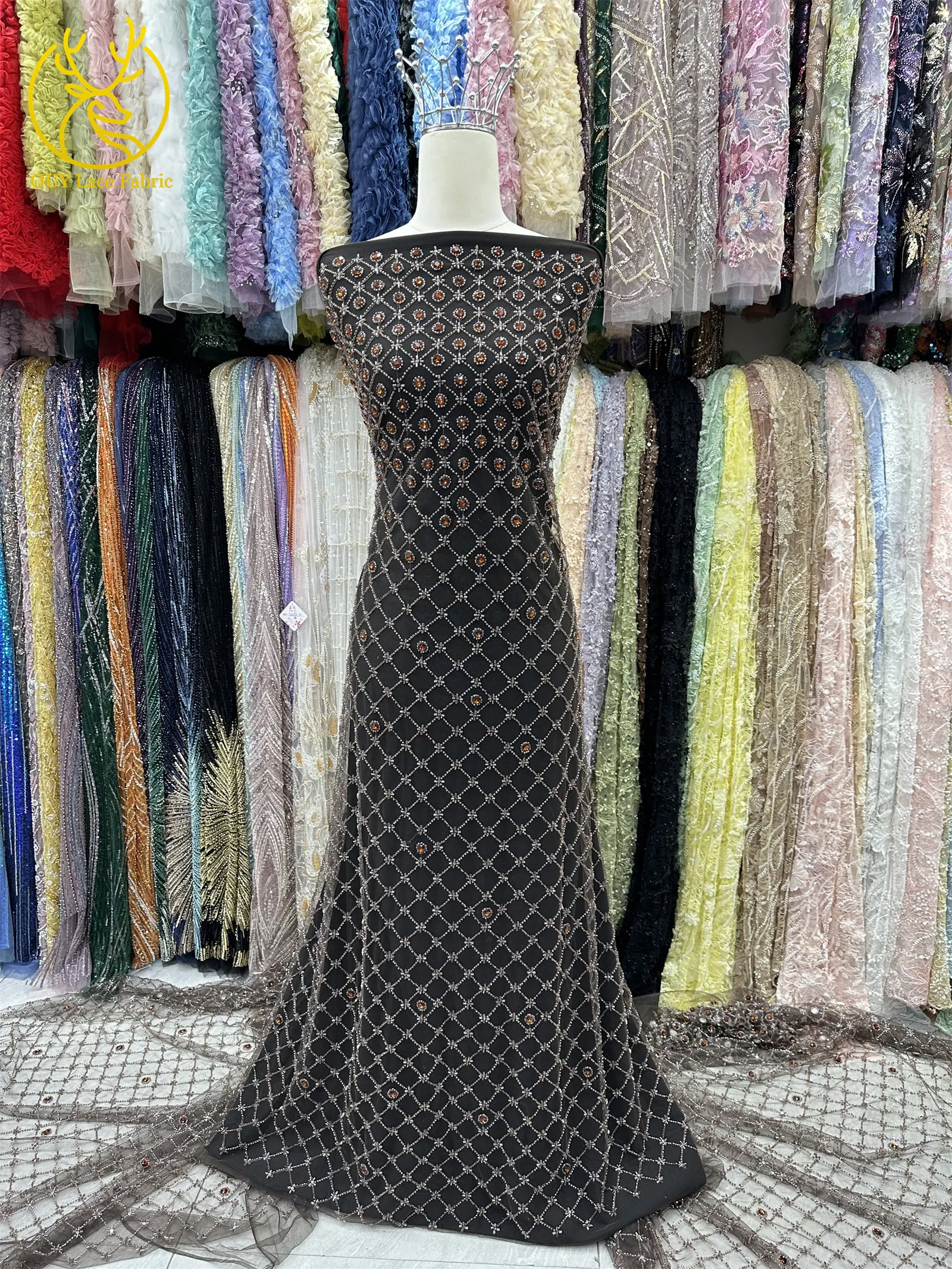 Emerald Green African Tulle Beaded Lace Fabric High-End French Stone Sequins Lace Nigerian Mesh Tulle Lace Sewing Wedding Dress