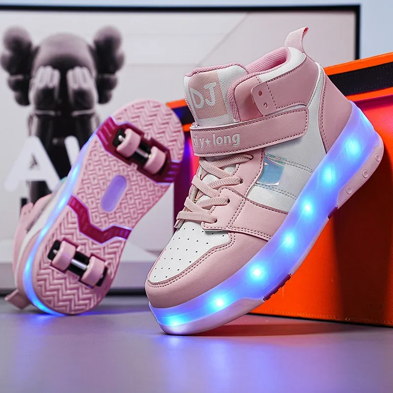 USB Charging Children’s High Top Four Wheels Luminous Glowing Sneakers Led Light Roller Skates Kids Casual Shoes for Boys Girls