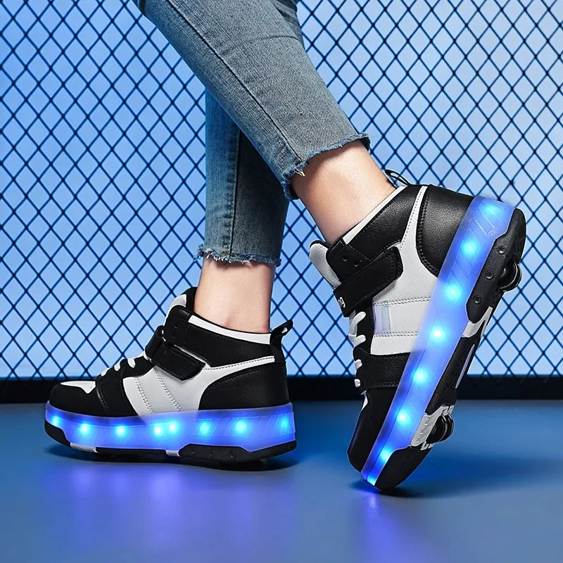 USB Charging Children’s High Top Four Wheels Luminous Glowing Sneakers Led Light Roller Skates Kids Casual Shoes for Boys Girls