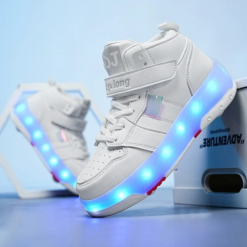 USB Charging Children’s High Top Four Wheels Luminous Glowing Sneakers Led Light Roller Skates Kids Casual Shoes for Boys Girls