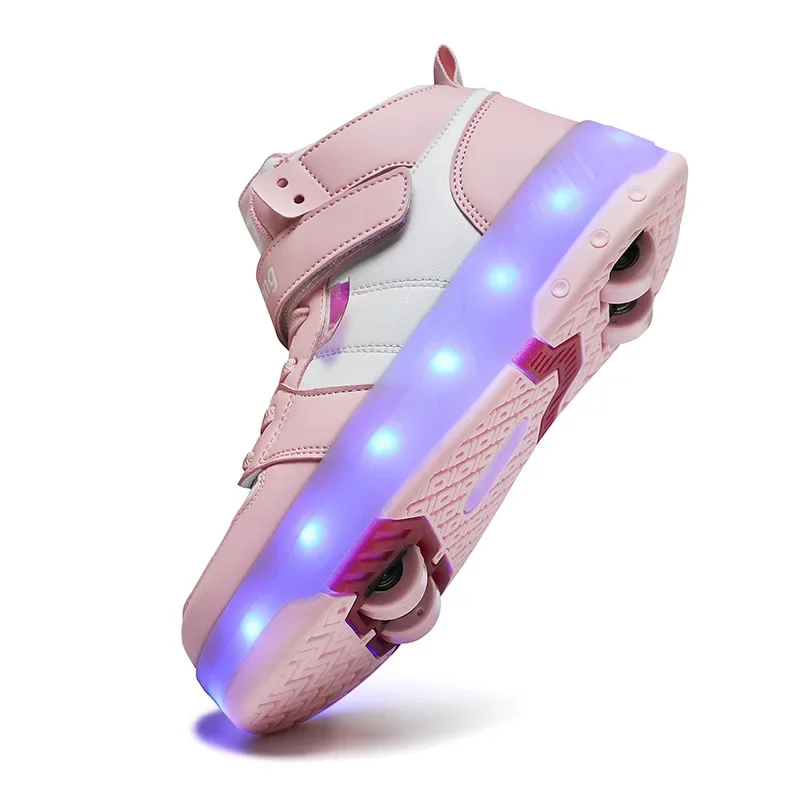 USB Charging Children’s High Top Four Wheels Luminous Glowing Sneakers Led Light Roller Skates Kids Casual Shoes for Boys Girls