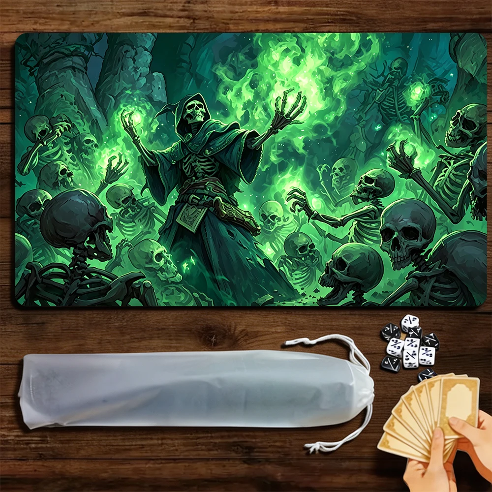 Green Skeleton Warlock TCG Playmat Magic Playmat Gathering Gaming Mat with Stitched Edge Anti-slip base Trading Card Game