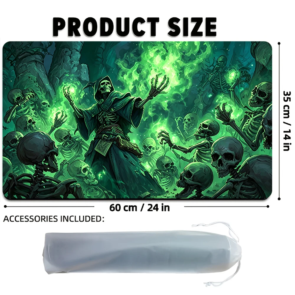 Green Skeleton Warlock TCG Playmat Magic Playmat Gathering Gaming Mat with Stitched Edge Anti-slip base Trading Card Game