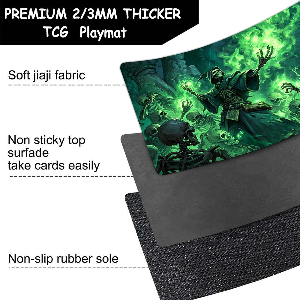 Green Skeleton Warlock TCG Playmat Magic Playmat Gathering Gaming Mat with Stitched Edge Anti-slip base Trading Card Game