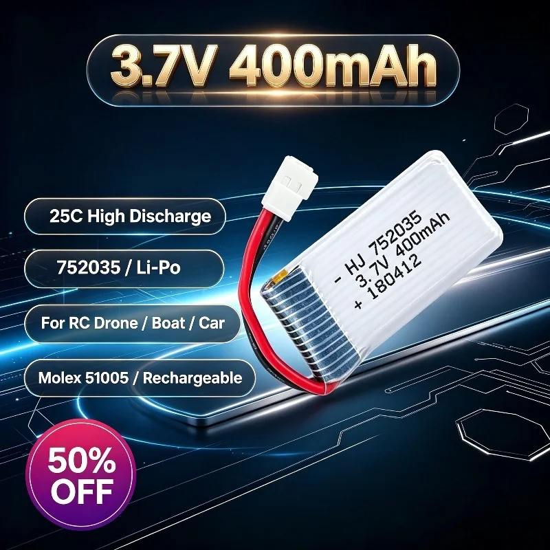752035 3.7V 400mAh 25C High Rate Li-Po Battery for RC Drone Boat Car Aircraft Replacement Rechargeable