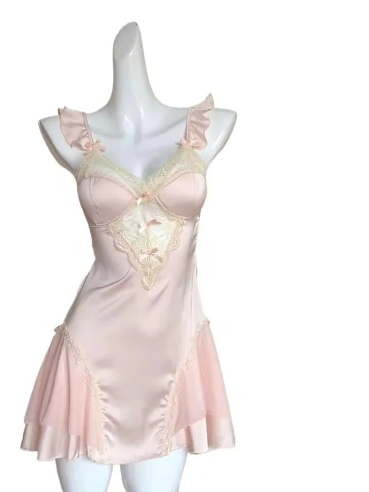 Women Light Nightdress Sexy Lace Lingerie Nightwear Sleeveless Bath Robe Gown Nightdress Nightgown Home Dress 90s Clothing