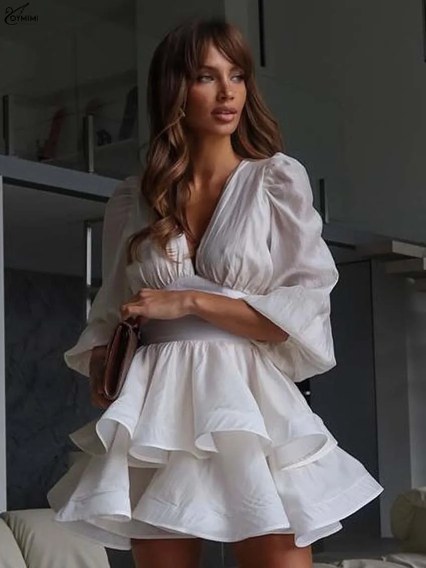 Oymimi Fashion White V-Neck Dresses For Women Elegant Half Sleeve High Waisted Dresses Casual New Cascading Ruffle Mini Dress