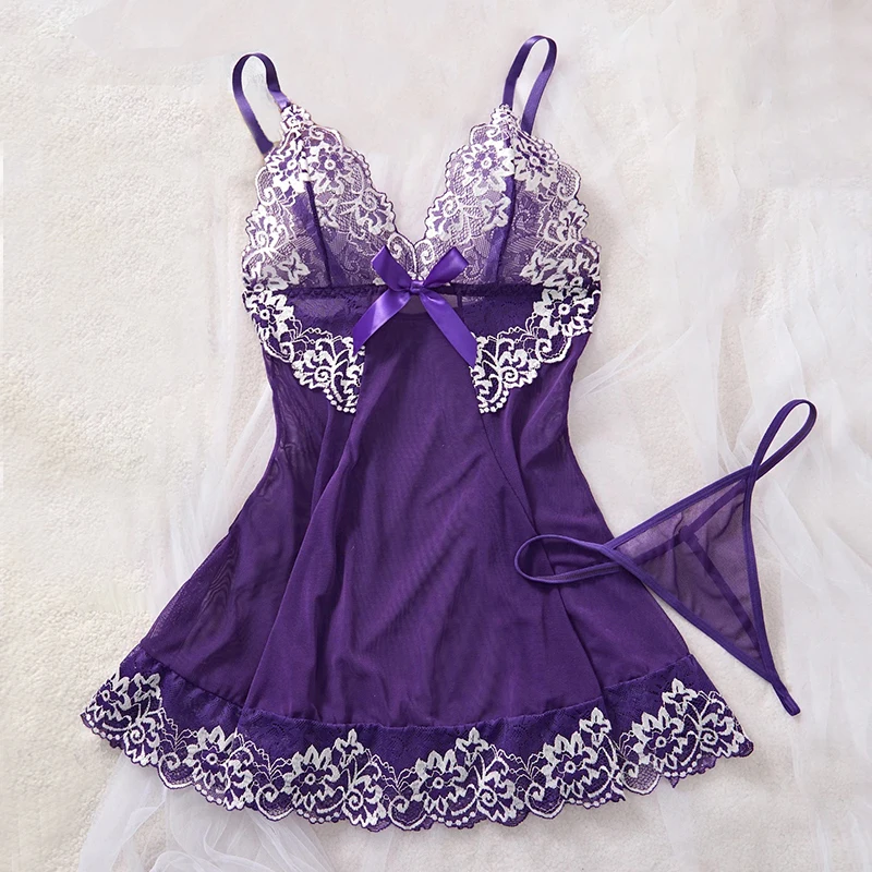 Women's Pajamas Summer Sleeveless Lace Splicing Sleepwear Purple Mesh Nightwear Comfortable Home Clothes Suspenders Night Dress