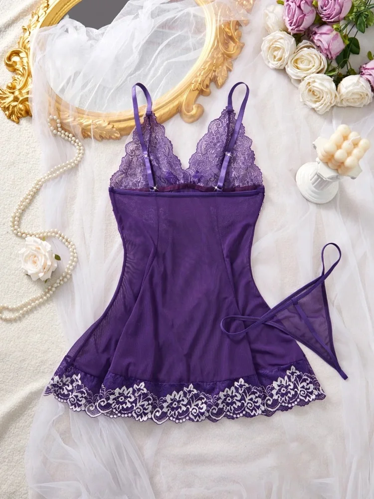 Women's Pajamas Summer Sleeveless Lace Splicing Sleepwear Purple Mesh Nightwear Comfortable Home Clothes Suspenders Night Dress