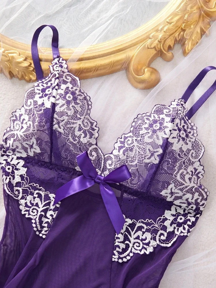 Women's Pajamas Summer Sleeveless Lace Splicing Sleepwear Purple Mesh Nightwear Comfortable Home Clothes Suspenders Night Dress