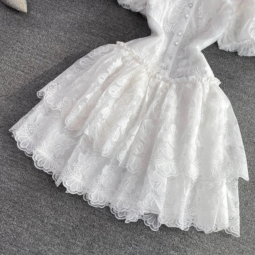 Women Cake Dress Mini Dresses White Lace Floral A Line High Waist Elegant Party Wedding Puff Ssleeve Night Evening Vestidos