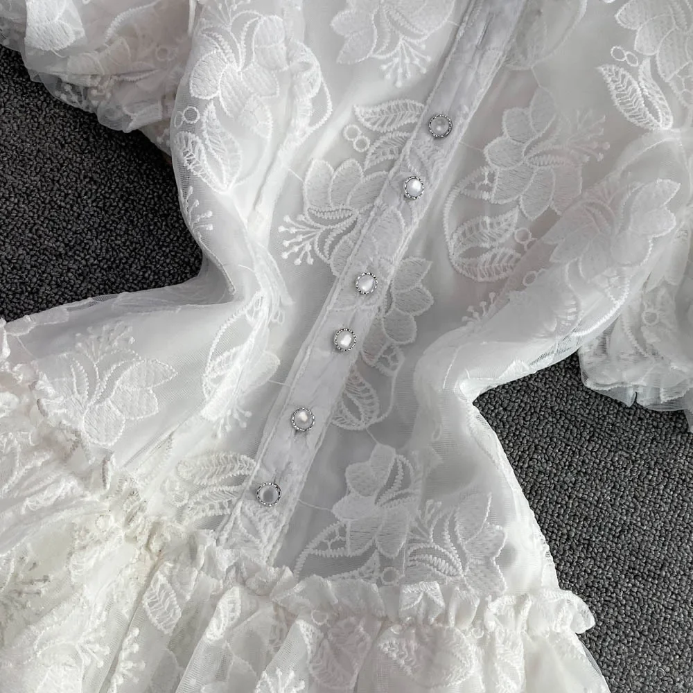 Women Cake Dress Mini Dresses White Lace Floral A Line High Waist Elegant Party Wedding Puff Ssleeve Night Evening Vestidos