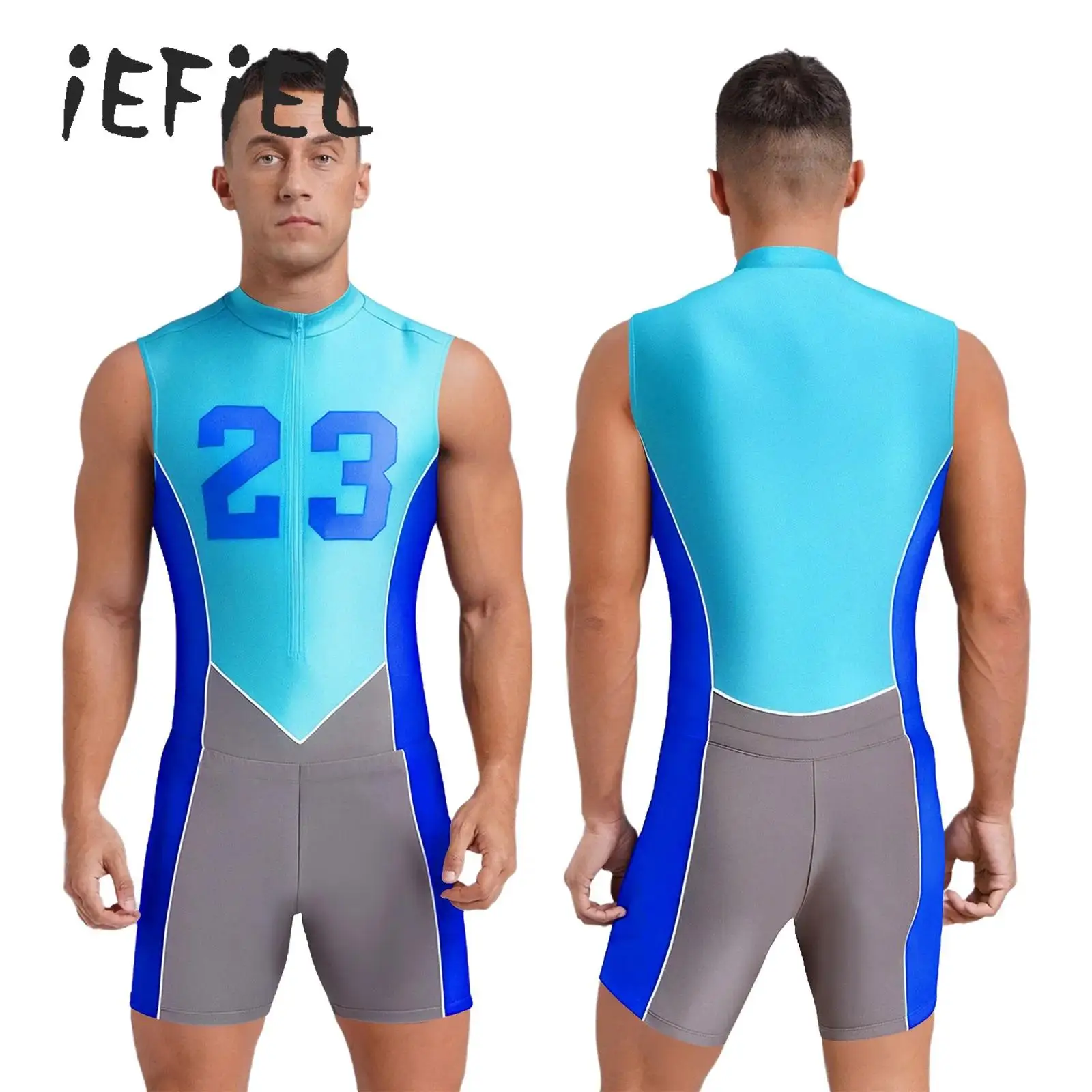 Mens Sports Swimsuit Swimwear Sleeveless Front Zipper Number Printed One Piece Leotard Bodysuit and Shorts Swimming Running Set