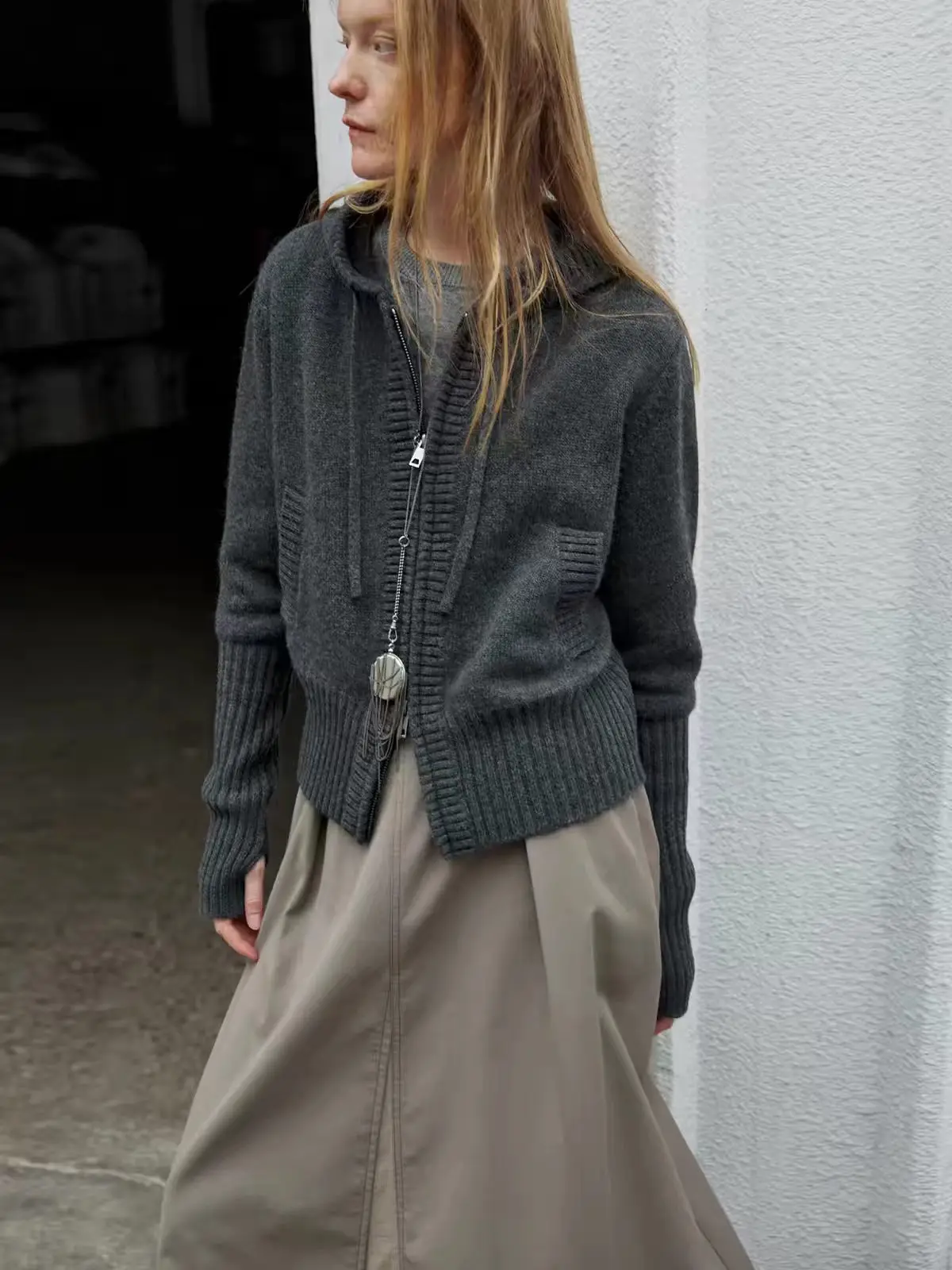 Autumn and winter 100%wool sweater thickened hooded double zipper knitted cardigan women's loose long-sleeved pocket jacket