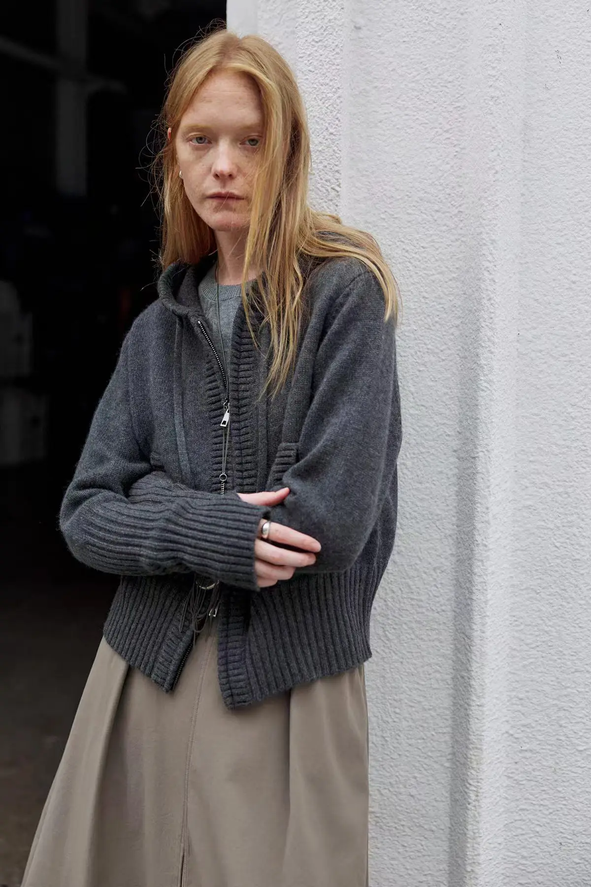Autumn and winter 100%wool sweater thickened hooded double zipper knitted cardigan women's loose long-sleeved pocket jacket