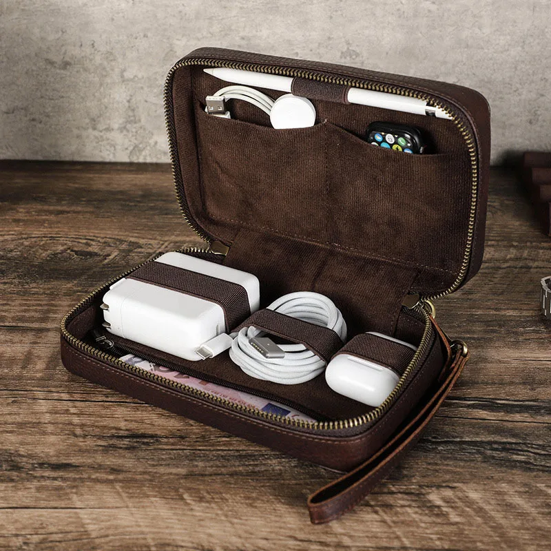 Vintage Brown Genuine Cowhide Leather Tech Organizer Bag Multi-Pocket Pouch Travel Case for Chargers, Cables, Earbuds, and Pens