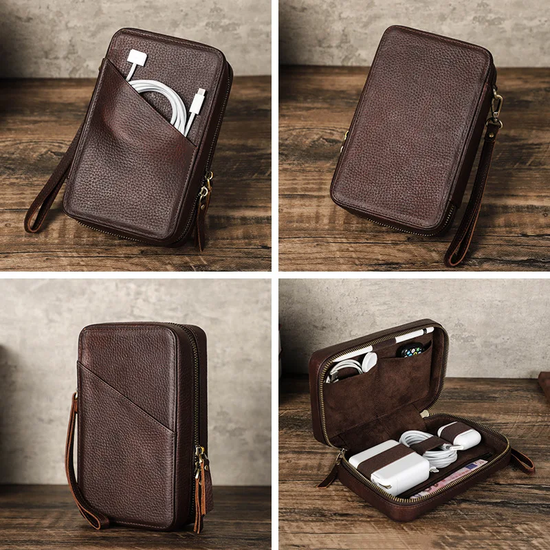 Vintage Brown Genuine Cowhide Leather Tech Organizer Bag Multi-Pocket Pouch Travel Case for Chargers, Cables, Earbuds, and Pens