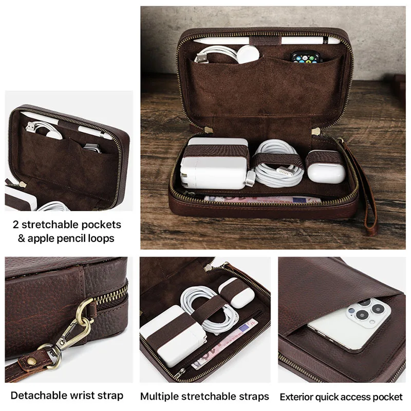 Vintage Brown Genuine Cowhide Leather Tech Organizer Bag Multi-Pocket Pouch Travel Case for Chargers, Cables, Earbuds, and Pens