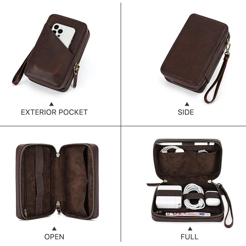 Vintage Brown Genuine Cowhide Leather Tech Organizer Bag Multi-Pocket Pouch Travel Case for Chargers, Cables, Earbuds, and Pens