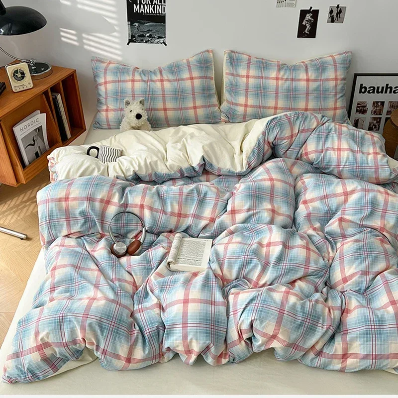 Nordic Plaid Printed Bedding Set Class-A Yarn-Dyed Geometry Bedclothes for All Seasons Soft Queen Twin Comforter Sets for Adults