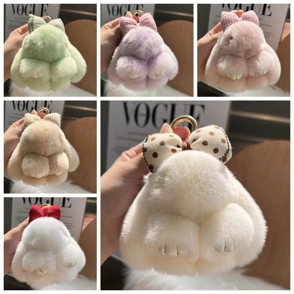 Hair Bow Rabbit Fur Keychain Pompoms Cute Fluffy Bunny Keychain Plush Dolls Bag Charm Plush Rabbit Key Ring Couple Pendant