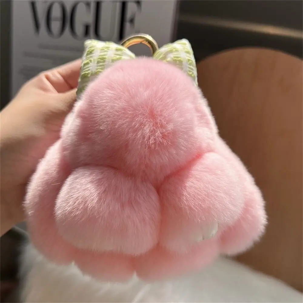 Hair Bow Rabbit Fur Keychain Pompoms Cute Fluffy Bunny Keychain Plush Dolls Bag Charm Plush Rabbit Key Ring Couple Pendant
