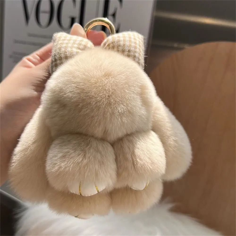 Hair Bow Rabbit Fur Keychain Pompoms Cute Fluffy Bunny Keychain Plush Dolls Bag Charm Plush Rabbit Key Ring Couple Pendant