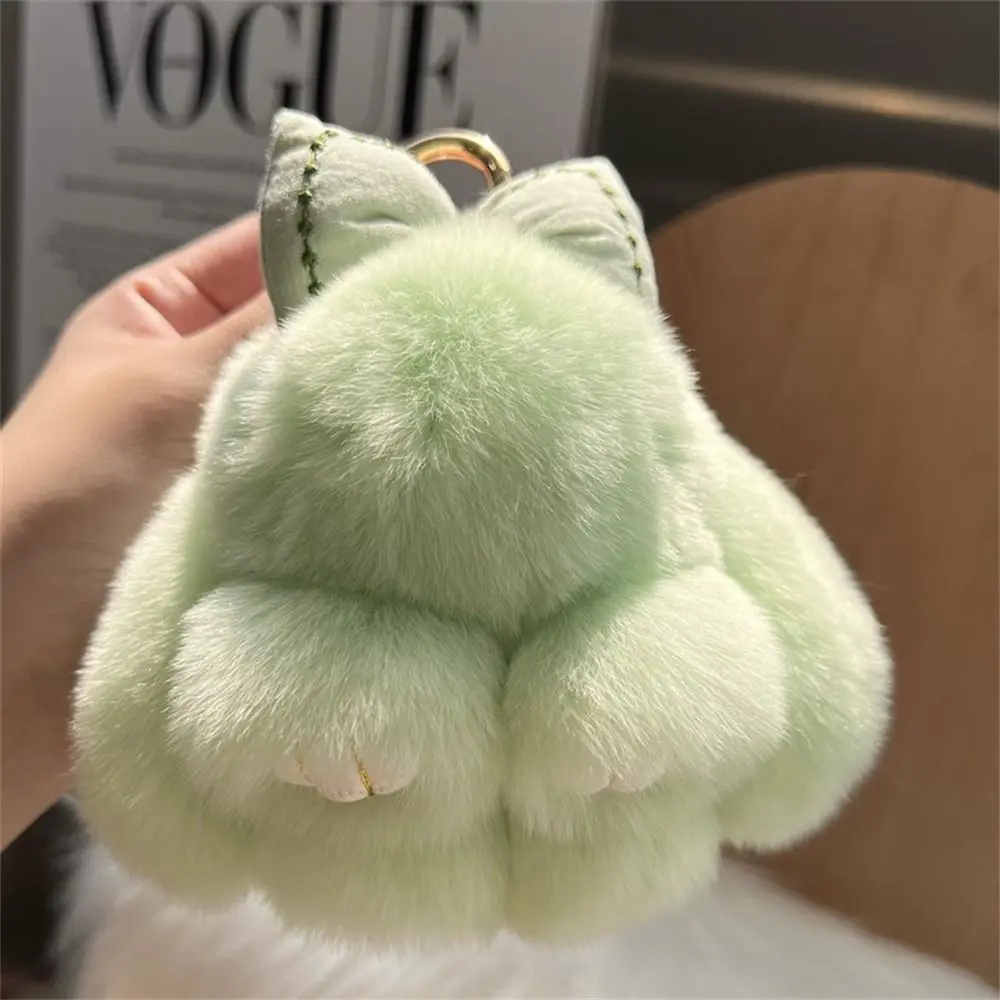Hair Bow Rabbit Fur Keychain Pompoms Cute Fluffy Bunny Keychain Plush Dolls Bag Charm Plush Rabbit Key Ring Couple Pendant