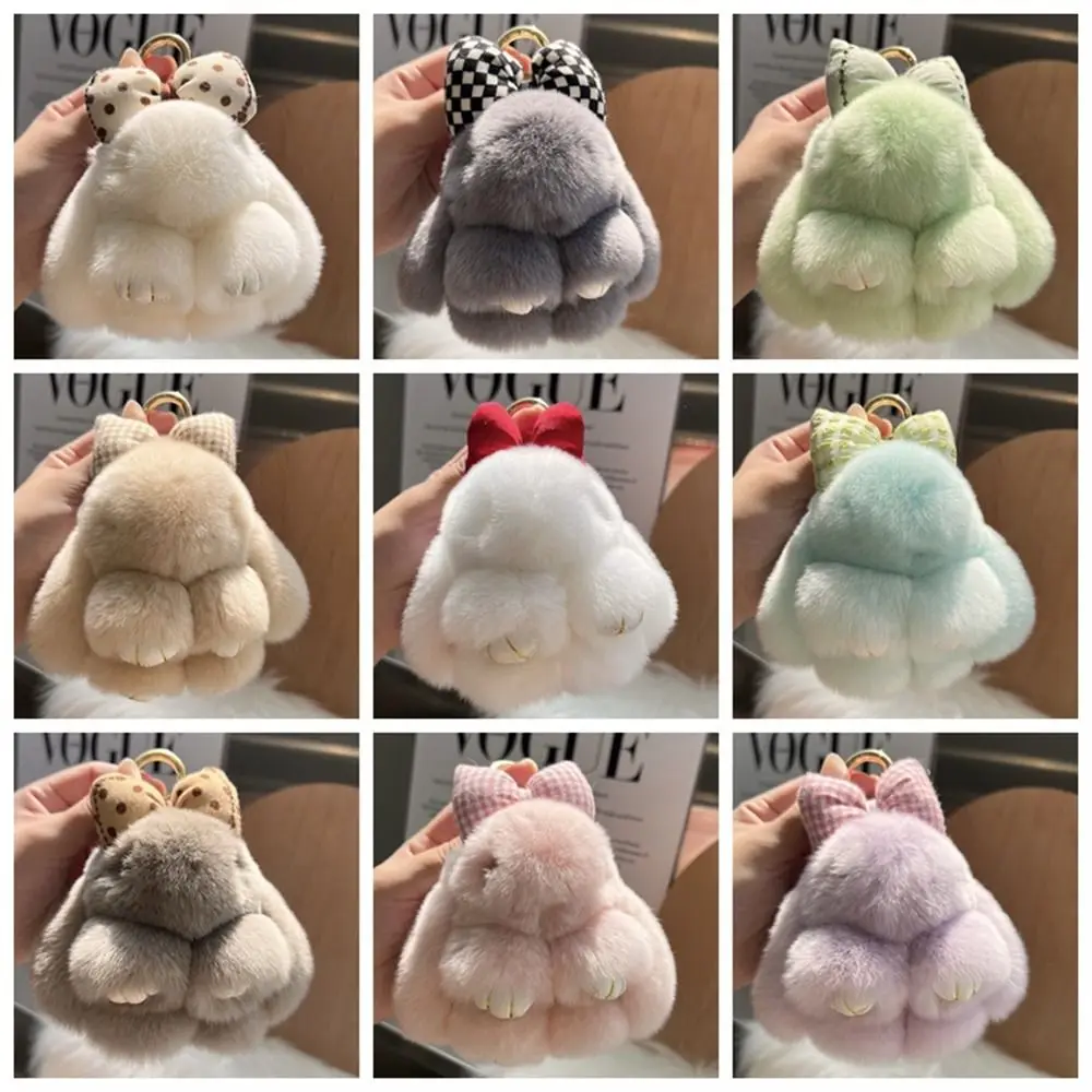 Hair Bow Rabbit Fur Keychain Pompoms Cute Fluffy Bunny Keychain Plush Dolls Bag Charm Plush Rabbit Key Ring Couple Pendant