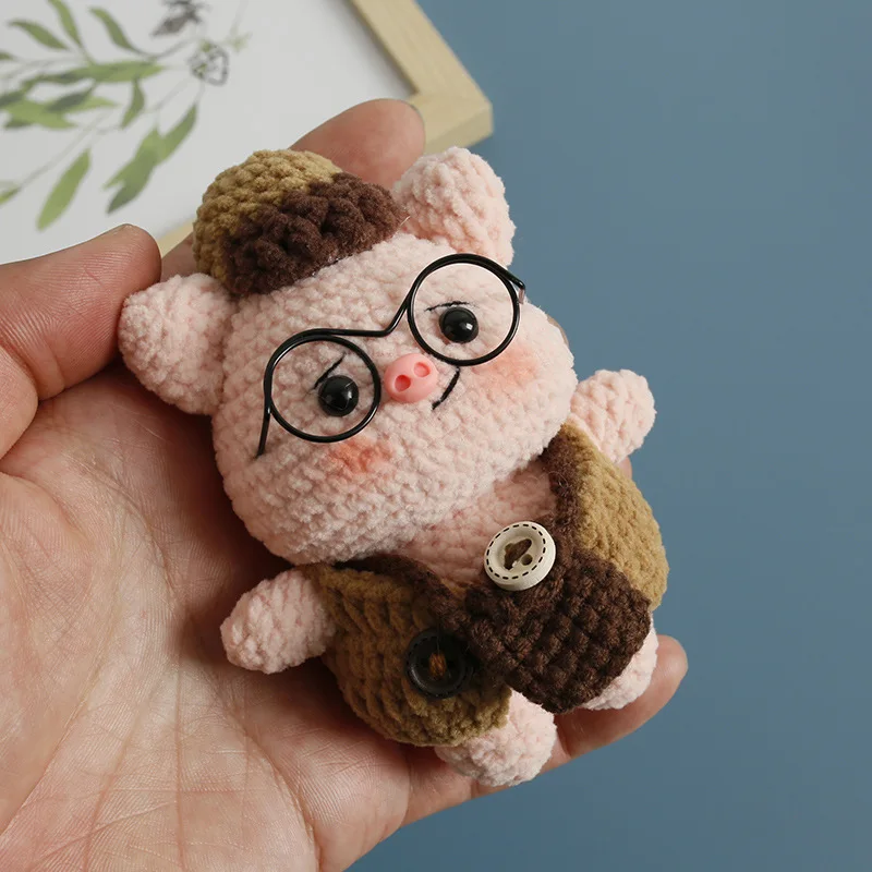 New Style Finished Handmade Crochet Pig Pendant with Glasses , Knitted Cotton Pig Doll, Crochet  Cartoon Cute Pig Ornament