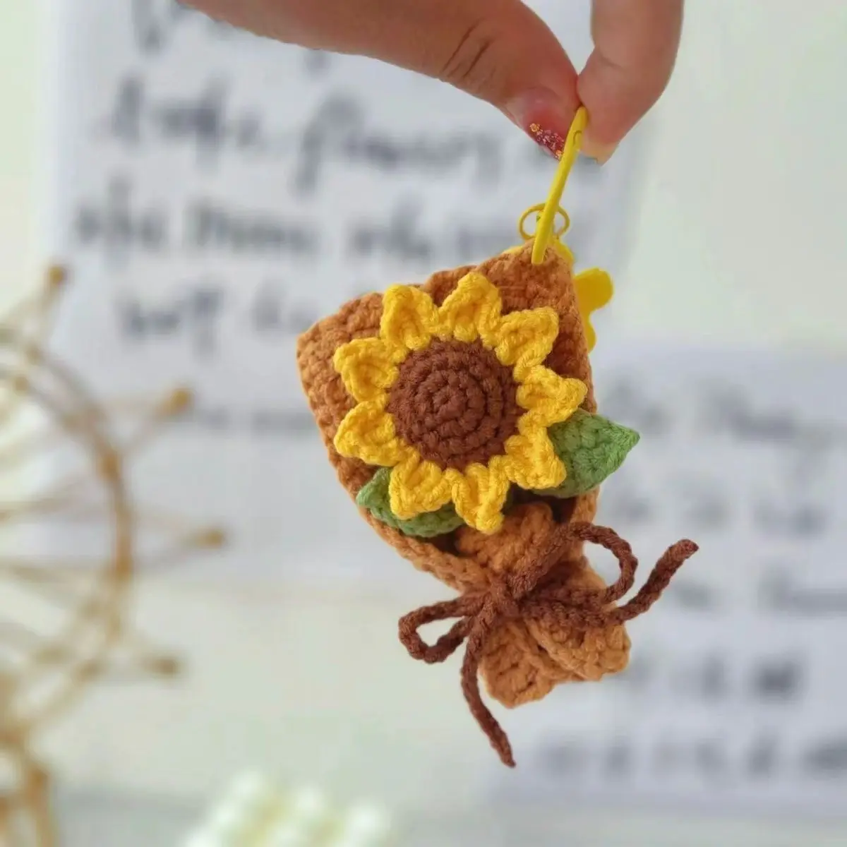 Handmade Finished Crochet  Mini Sunflower Bouquet, Crochet Cute Tulip Bouquet Bag Decor,Mini Flower Key Chain For  Handbag Decor