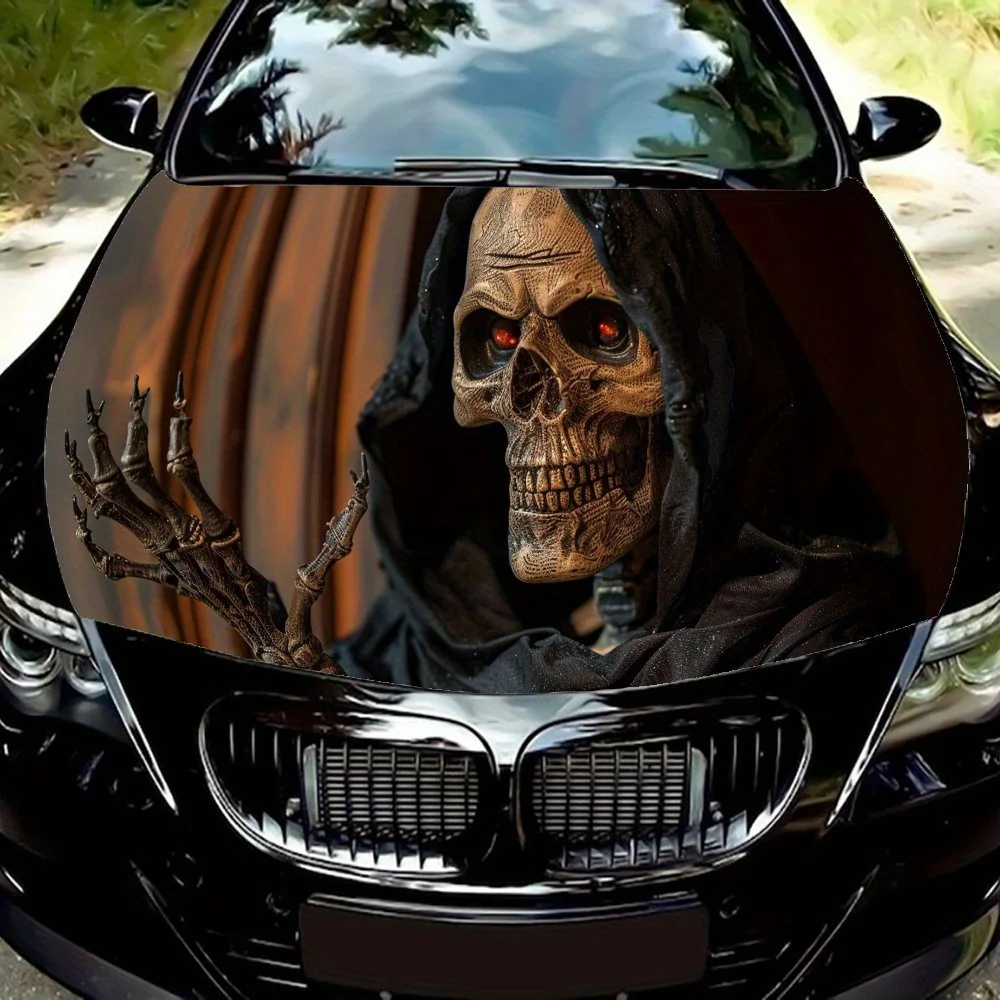 Red Eyes Black Robe Skull Dark Wind Cool Art Car Hood Sticker - Durable PVC Film Packaging, Suitable for Most Vehicles, Engine C