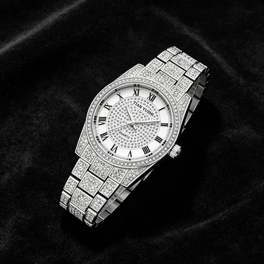 Men Women Iced Out Watch Silver Crystal Rhinestone Roman Numerals Dial Bling Luxury Quartz Wristwatch Sparkling Gift