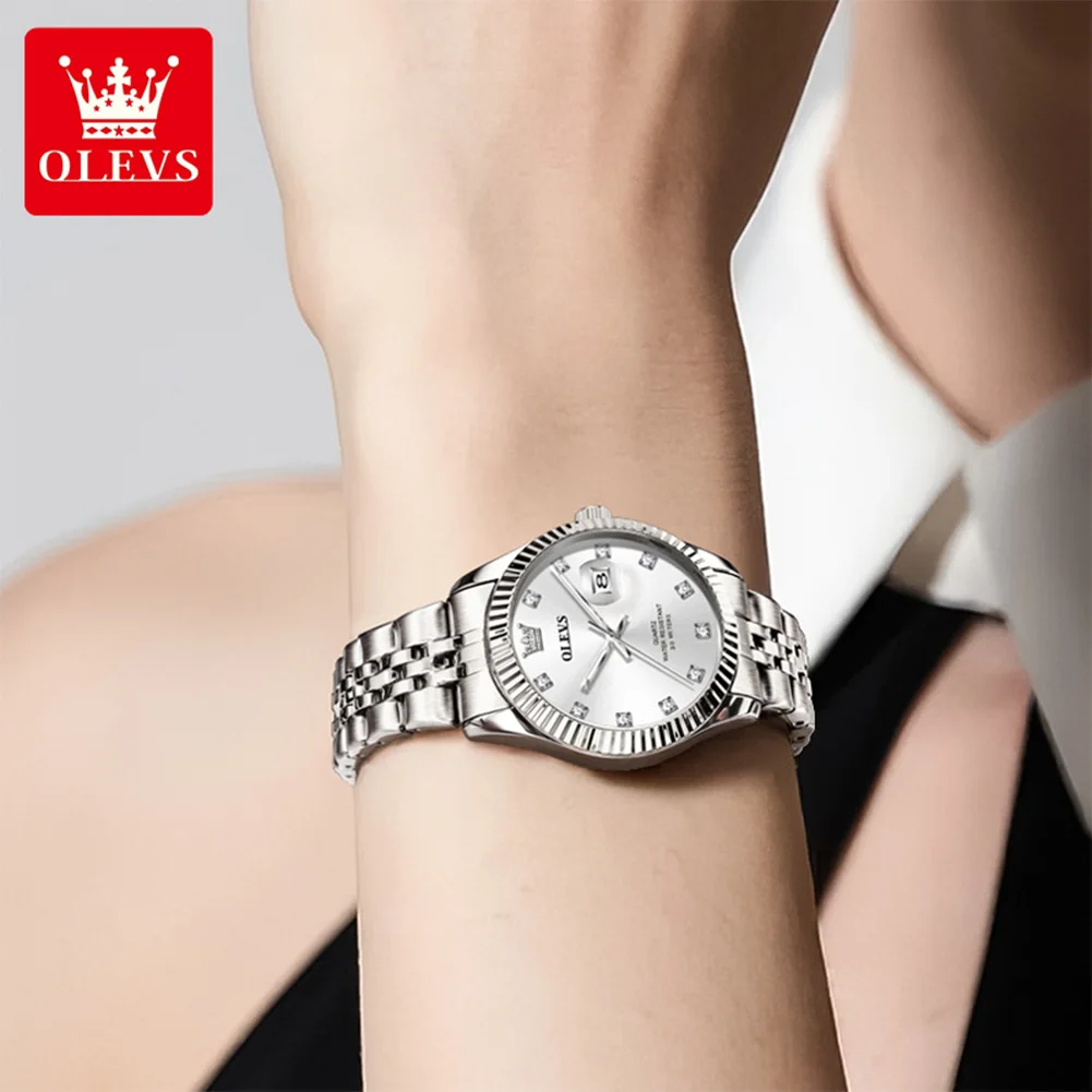 OLEVS 3705 beautiful women's watches silver stainless steel fashion quartz watch lady minimalist date trend genuine wristwatch